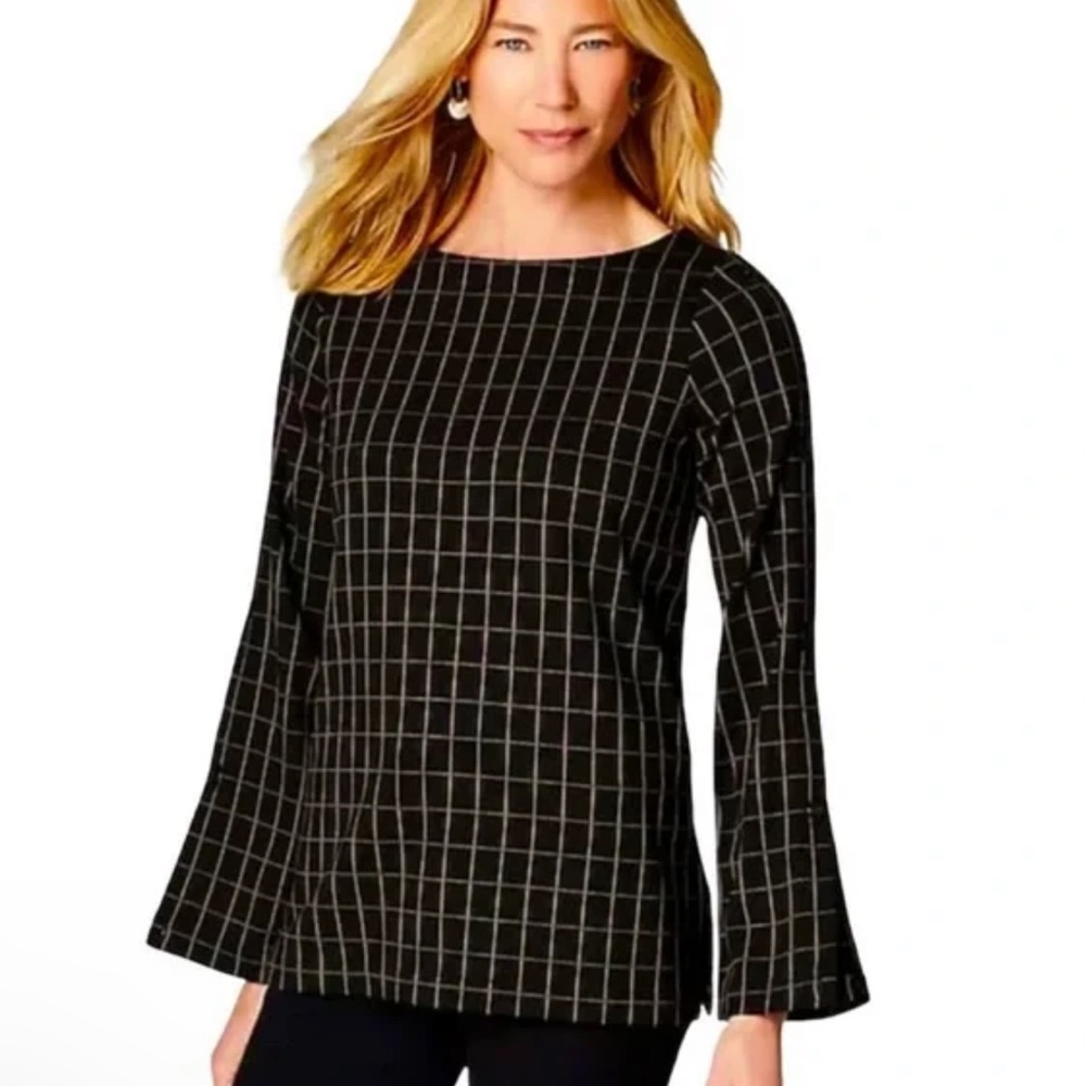 NWT J.Jill Windowpane Ponte Knit Blouse – Black/Camel – Buttoned Sleeves Size M